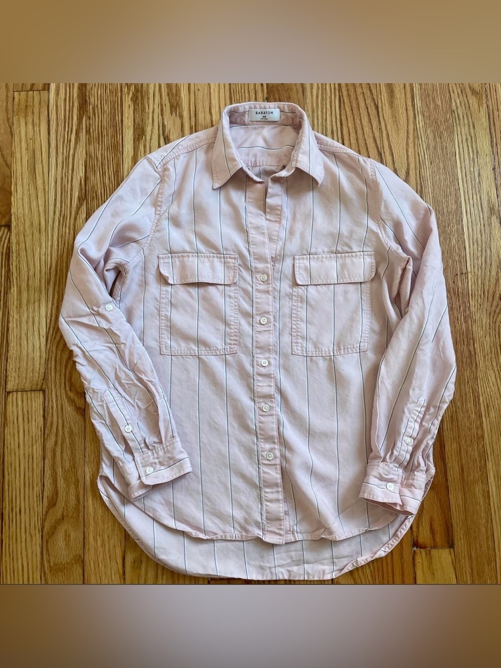 Babaton Utility Button Up Shirt Pink Pinstripe Tencel Lyocell Minimalist - Picture 5 of 5